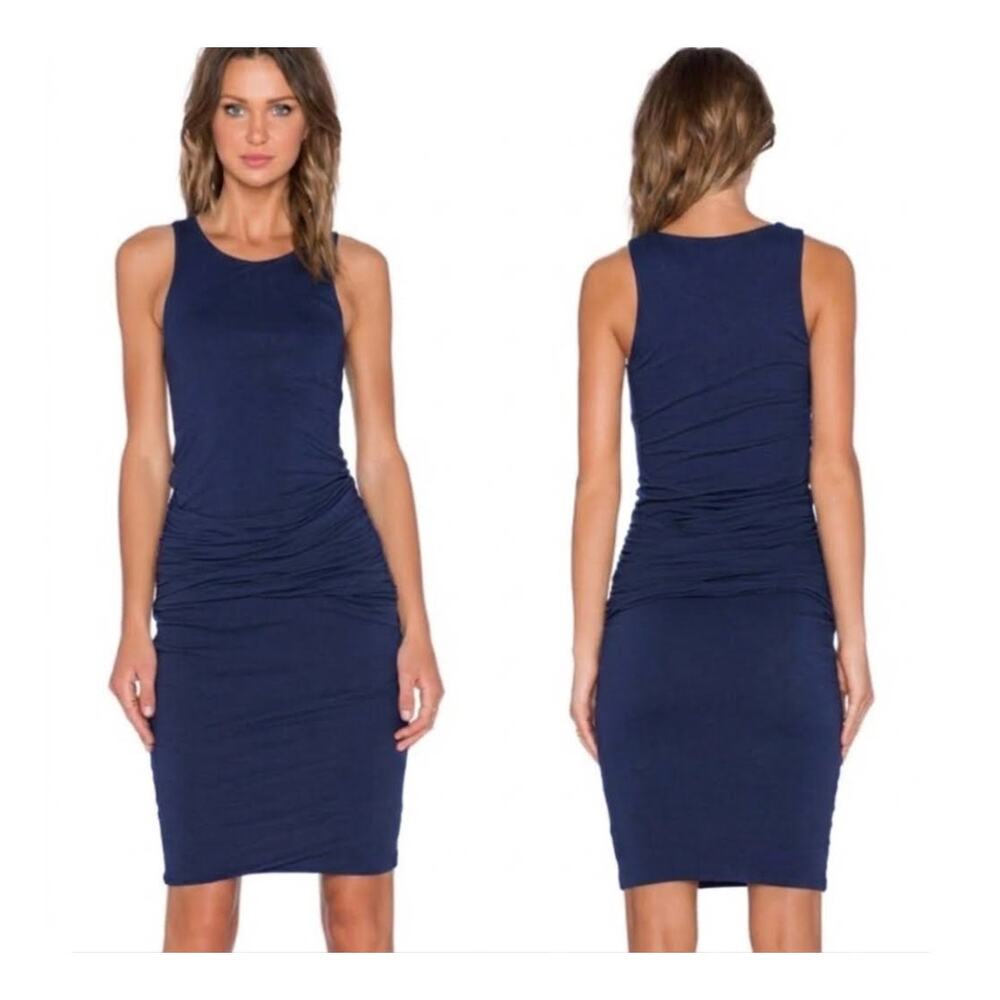 James Perse Ruched Tank Dress Womens 1 Small S Blue Knit Jersey Bodycon Sheath